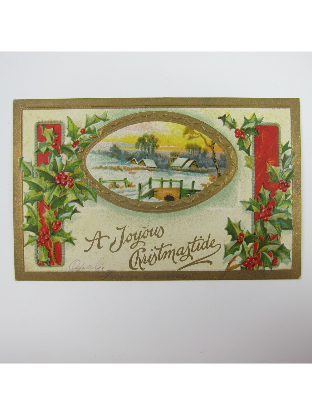 Christmas Postcard Snowy Bridge Houses Trees Holly Berries Gold Embossed Antique